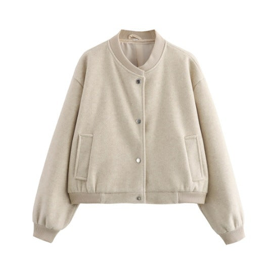 Women's short cut wool look bomber jacket with ribbed cuffs and snap button placket Mune Fashion