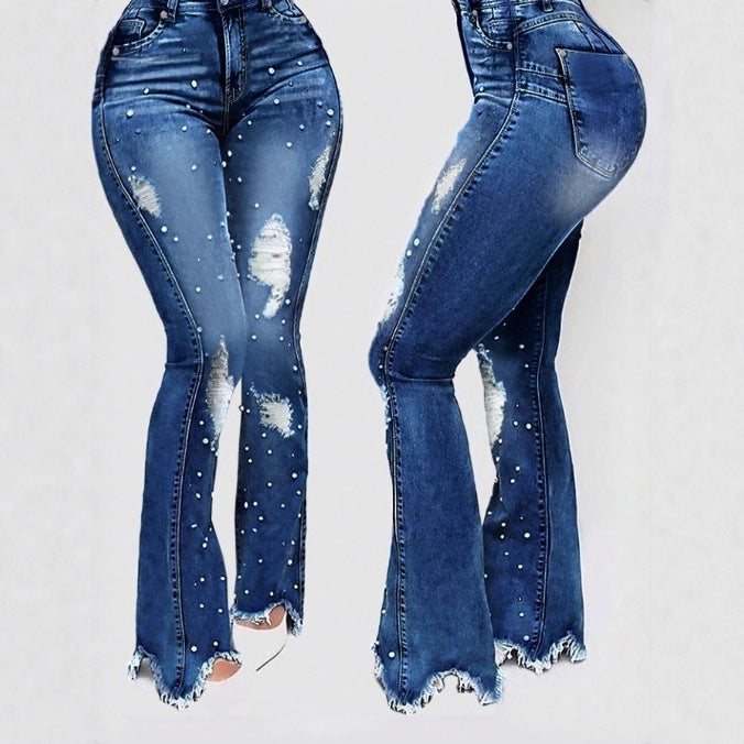 Ladies pearl-embellished high-waist flared jeans with destroyed details and raw hem Mune Fashion