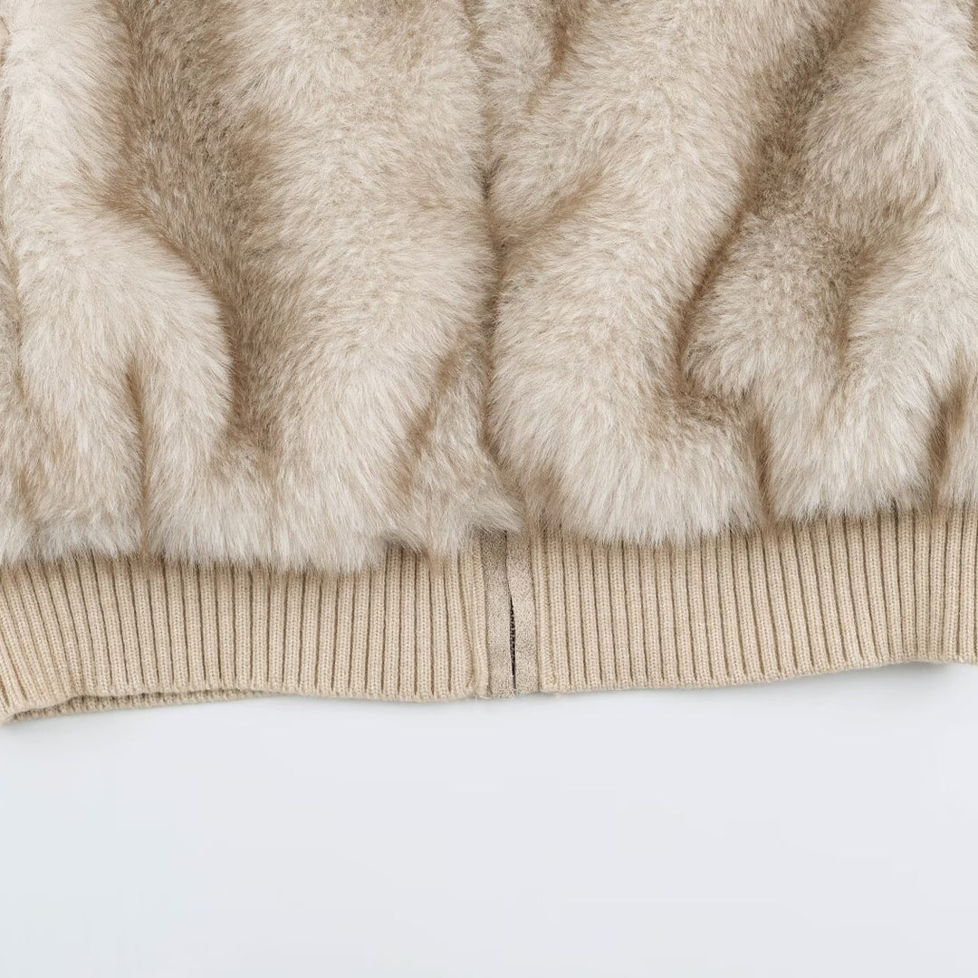 Women Faux Fur Vest with Zipper, Ribbed Collar and Elastic Cuffs Mune Fashion