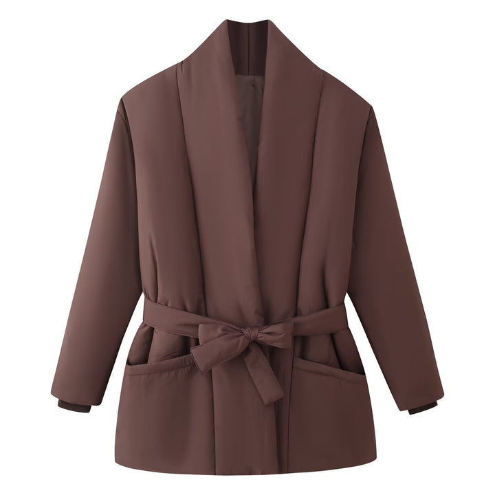 Women's Short Quilted Padded Jacket with Shawl Collar and Waist Belt Mune Fashion