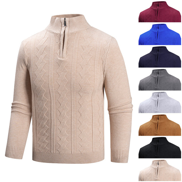 Men's fine knit half-zip pullover with cable pattern and stand-up collar Mune Fashion