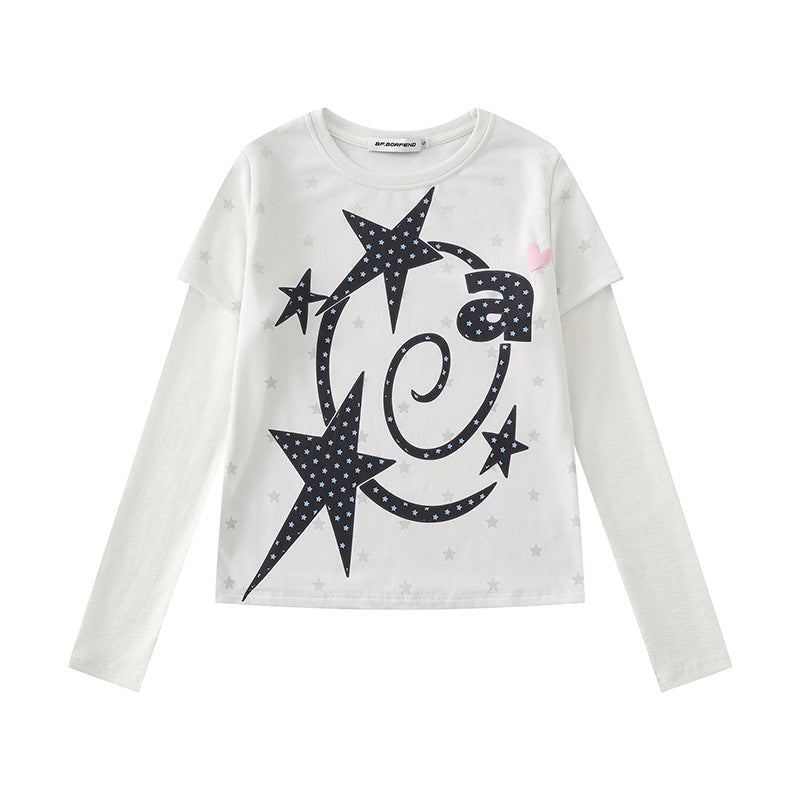 Women Two-Layer Long Sleeve Shirt with Stars Ornament and Heart Detail Mune Fashion