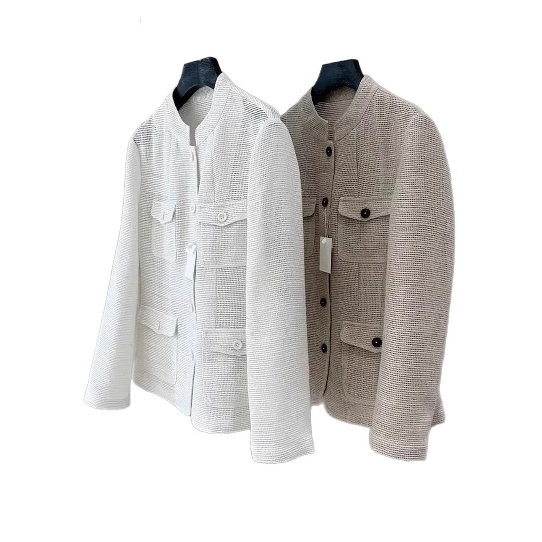 Women's Lightweight Crochet Look Transition Jacket with Round Collar and Flap Pockets Mune Fashion