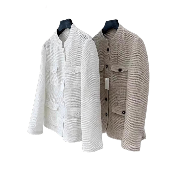 Women's Lightweight Crochet Look Transition Jacket with Round Collar and Flap Pockets Mune Fashion