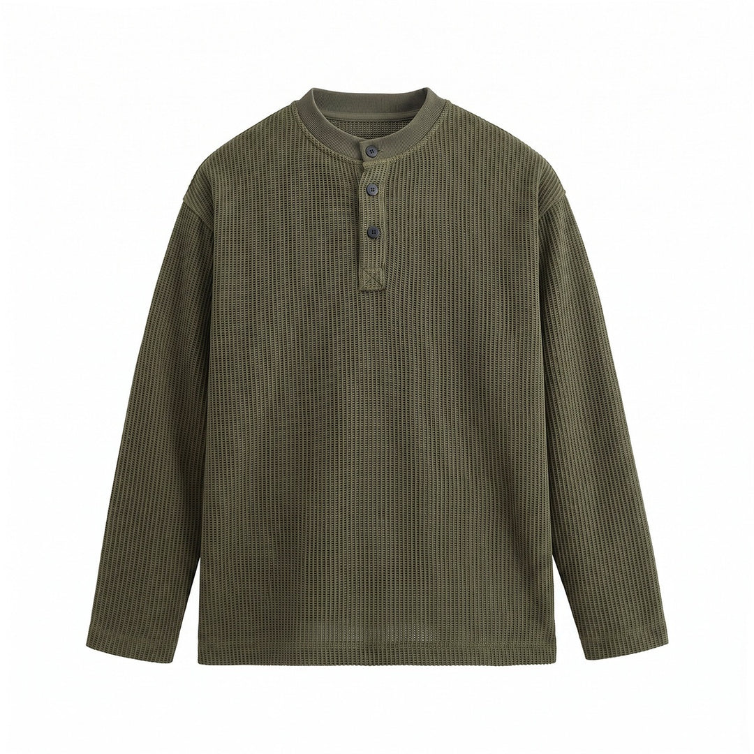 Men's waffle knit henley long sleeve shirt with button placket and relaxed fit Mune Fashion