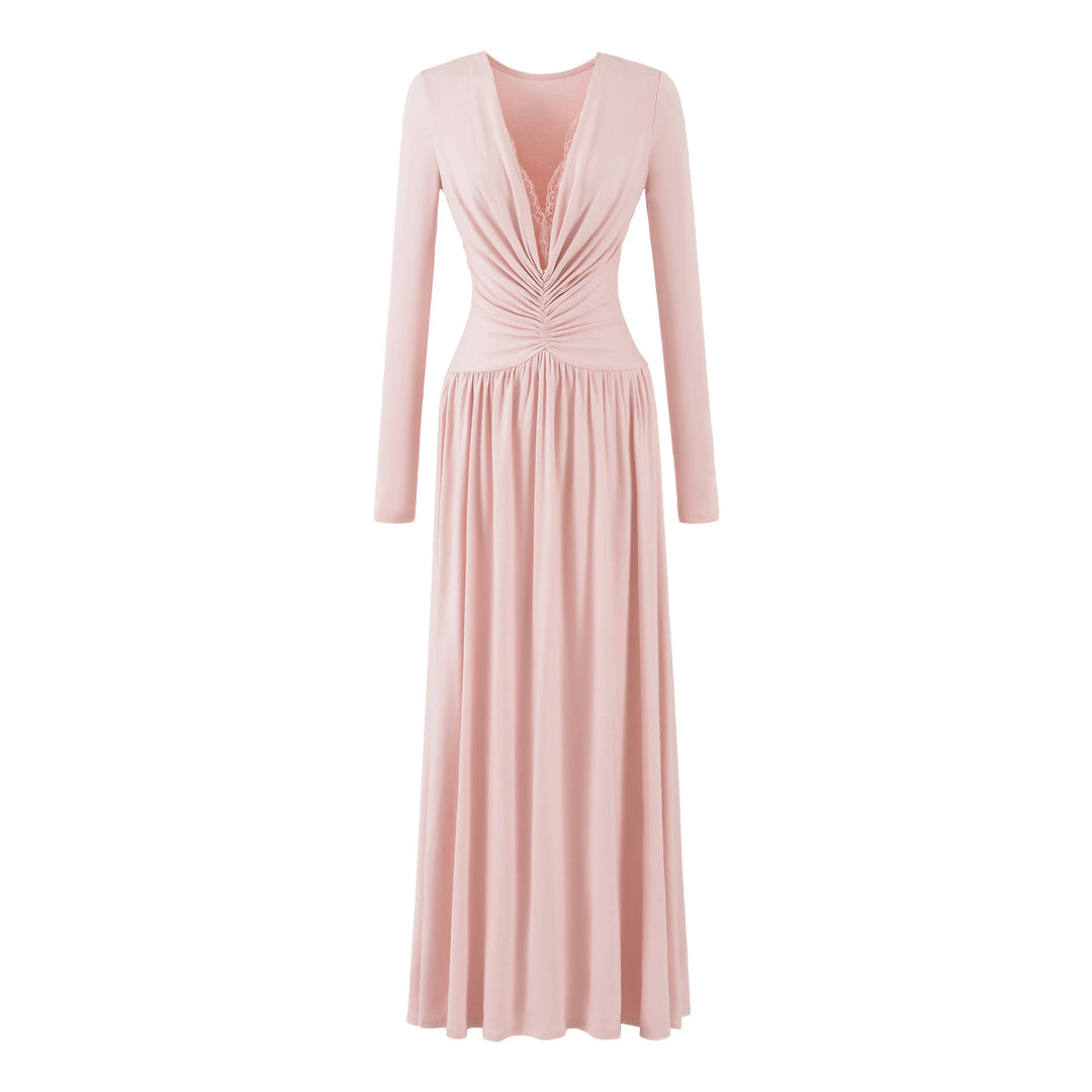 Women Maxi Dress with Ruched Wrap Top, Deep V-Neck and Lace Trim Mune Fashion