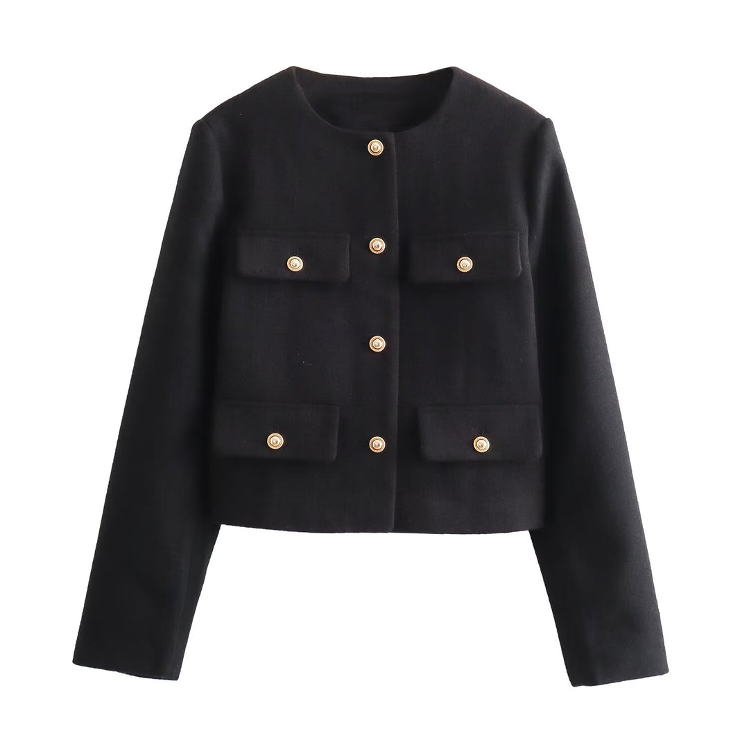 Women's short-cut Bouclé tweed jacket with round neckline decorative button details and attached flap pockets Mune Fashion