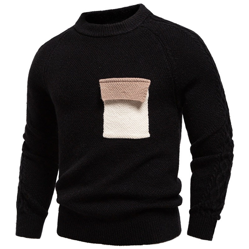 Men's pullover made of textured knit with round neck, attached chest pocket and cable pattern sleeves Mune Fashion