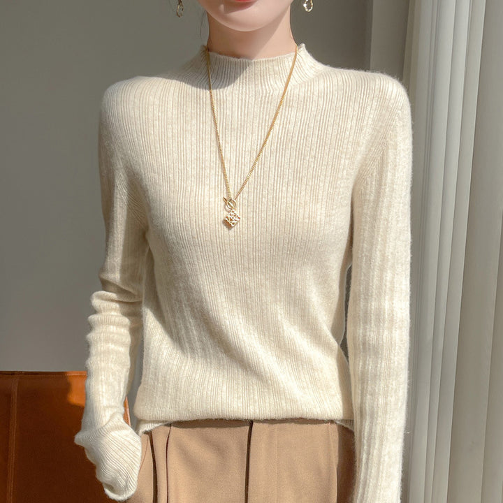 Women's slim-fit fine knit pullover with a short standing collar and fine ribbed texture Mune Fashion