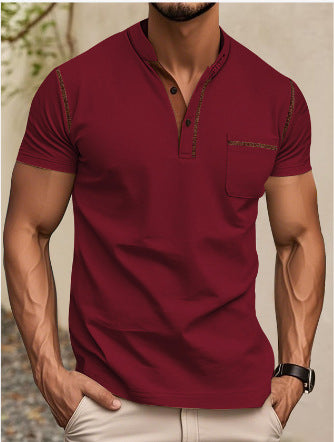 Men's modern short-sleeve Henley with stand collar, contrast stitching, and patch chest pocket Mune Fashion