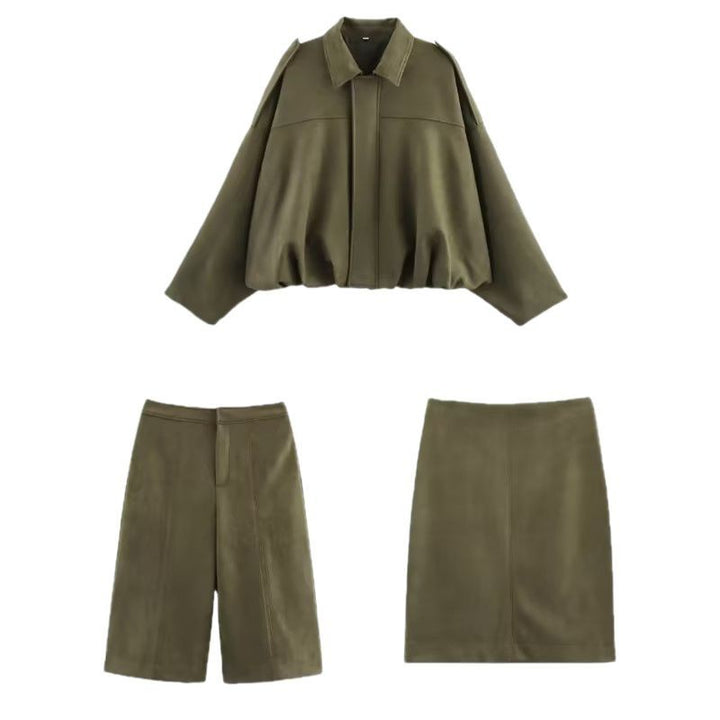 Women's Oversized Suede Blouson with Cropped Hem and Epaulettes Mune Fashion