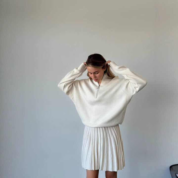 Ladies cozy knit set with zip-up sweater and pleated skirt Mune Fashion