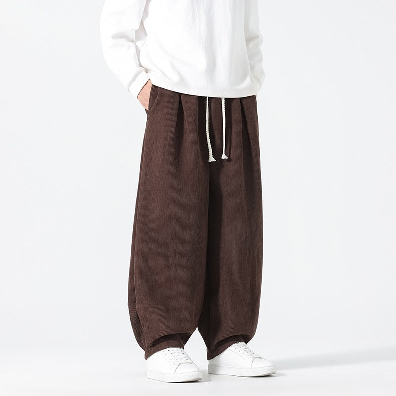 Men's Balloon Cord Pants with High Waist, Drawstring and Pleats Mune Fashion