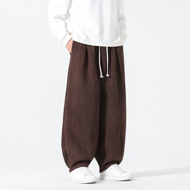 Men's Balloon Cord Pants with High Waist, Drawstring and Pleats Mune Fashion