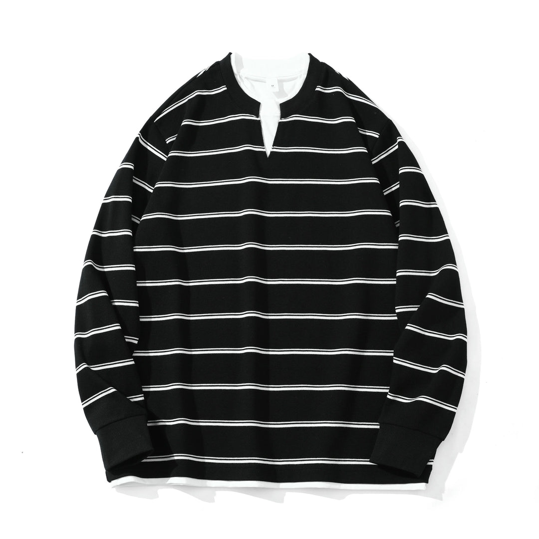Unisex Striped Long Sleeve Sweatshirt with V-Notch and Waffle Texture Mune Fashion