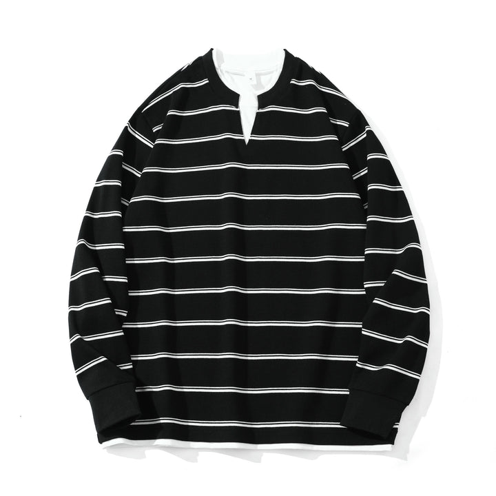 Unisex Striped Long Sleeve Sweatshirt with V-Notch and Waffle Texture Mune Fashion