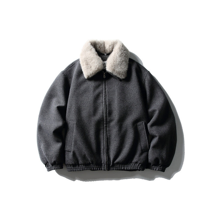 Men's Short Boxy Wool Blend Pilot Jacket with Faux Fur Collar and Elastic Hem Mune Fashion