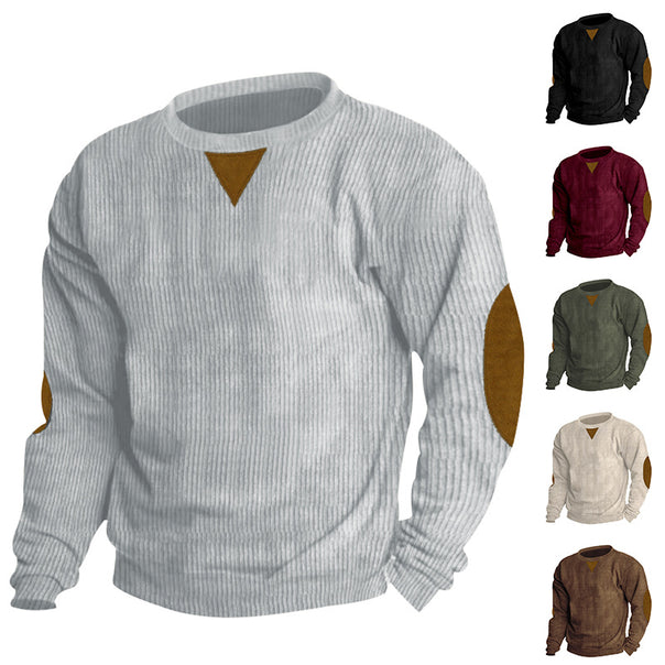 Men's thick ribbed crew neck knit sweater with elbow patches and triangle detail Mune Fashion