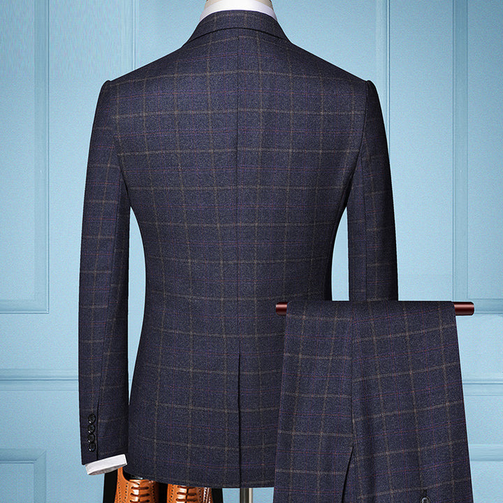 Men's Three-Piece Slim-Fit Suit with Vest and Fine Checkered Pattern Mune Fashion