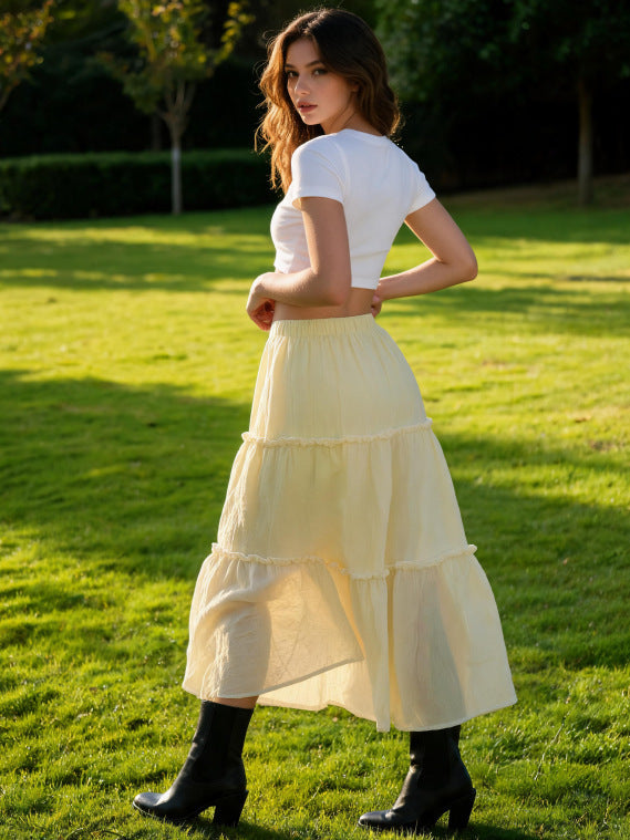 Ladies airy tiered skirt with elastic waistband and transparent chiffon look Drune