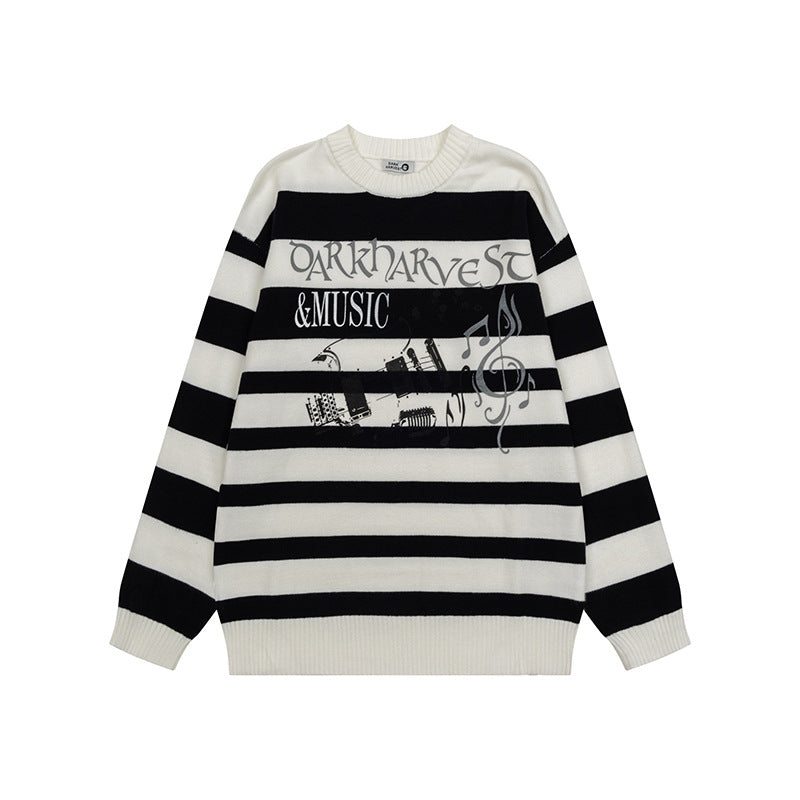 Women Striped Oversized Knit Sweater with Round Neck and Music Graphic Mune Fashion