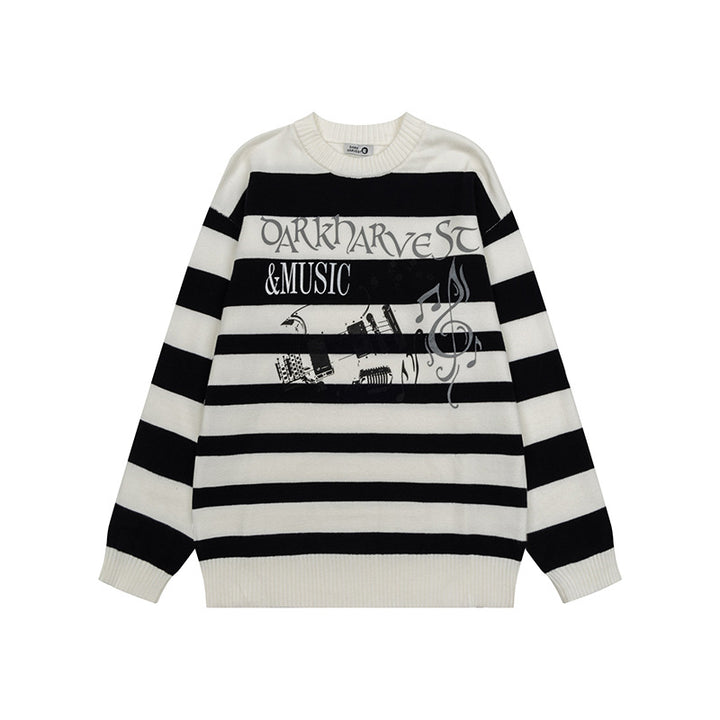 Women Striped Oversized Knit Sweater with Round Neck and Music Graphic Mune Fashion