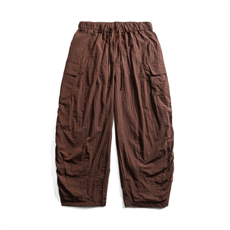 Unisex Wide Cropped Cargo Pants with Elastic Waistband, Drawstring and Overlay Pockets Mune Fashion