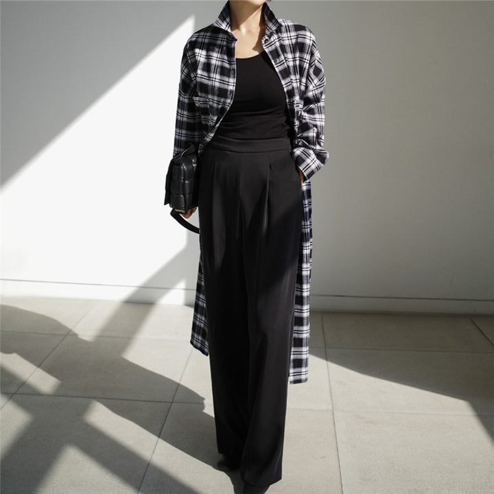 Women's Long Checked Shirt Coat with Waistband and Side Slits Mune Fashion