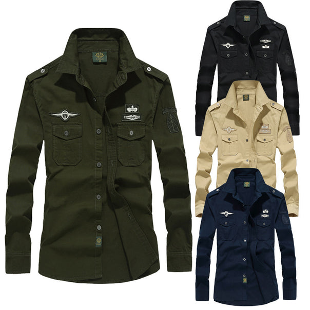 Men's utility shirt jacket with shoulder flaps, chest flap pockets, and badge applications Mune Fashion