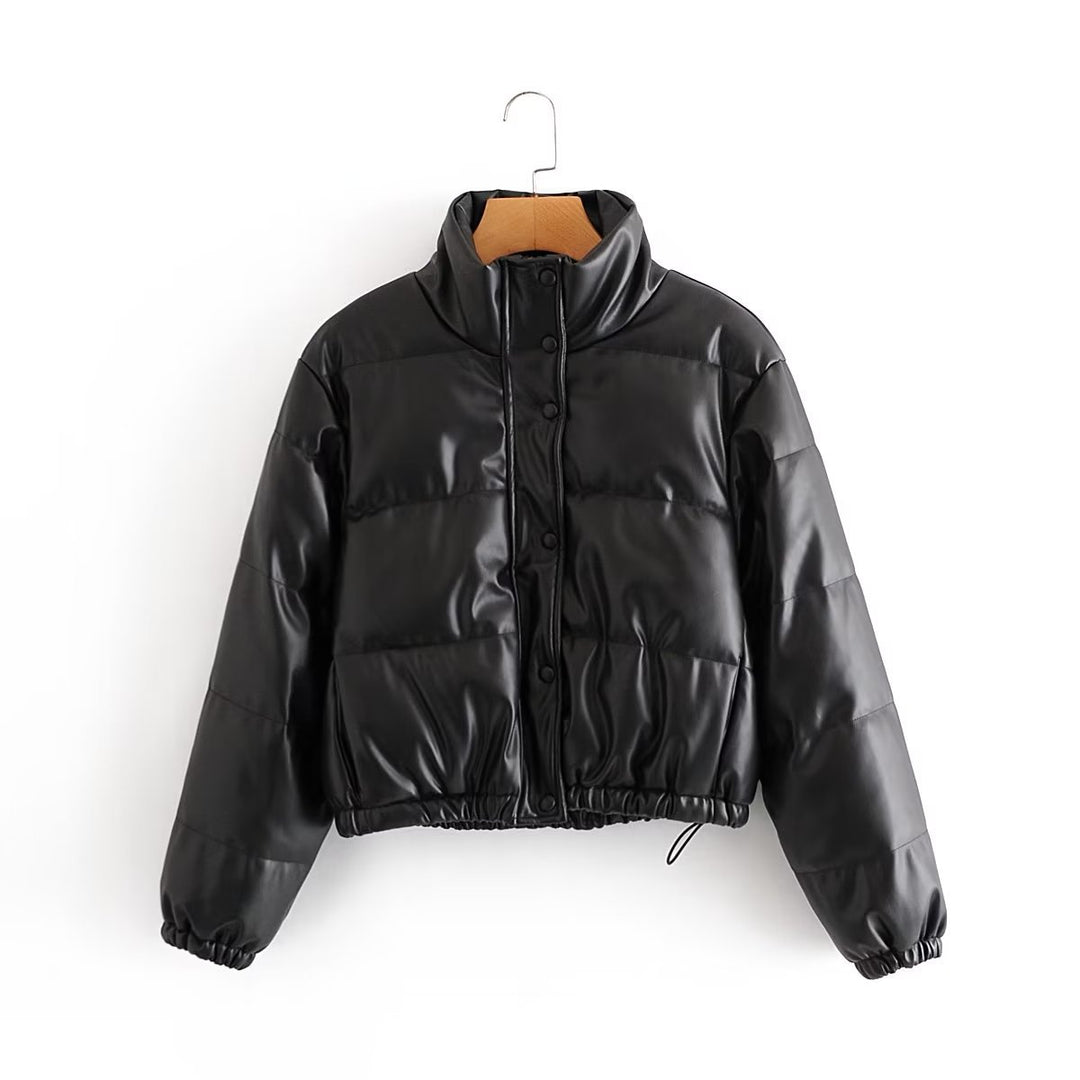 Women's short padded faux leather puffer jacket with high stand-up collar, snap button placket and drawstring hem Mune Fashion