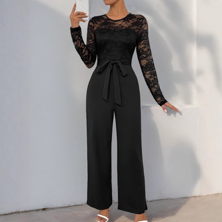 Women's Elegant Jumpsuit with Transparent Lace Top, Waist-Defining Tie Belt & Wide Palazzo Leg
