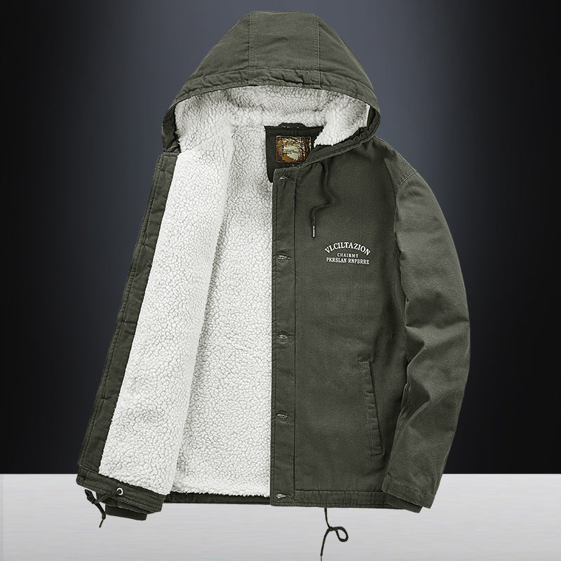 Men's canvas hooded jacket with full teddy lining, two-way zipper and drawstring hem Mune Fashion