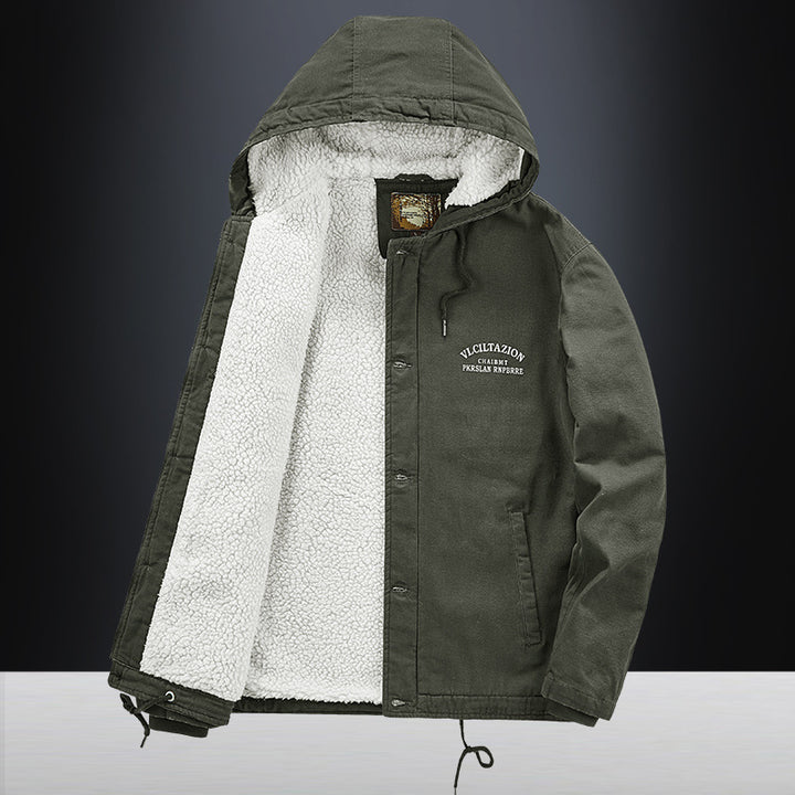 Men's canvas hooded jacket with full teddy lining, two-way zipper and drawstring hem Mune Fashion
