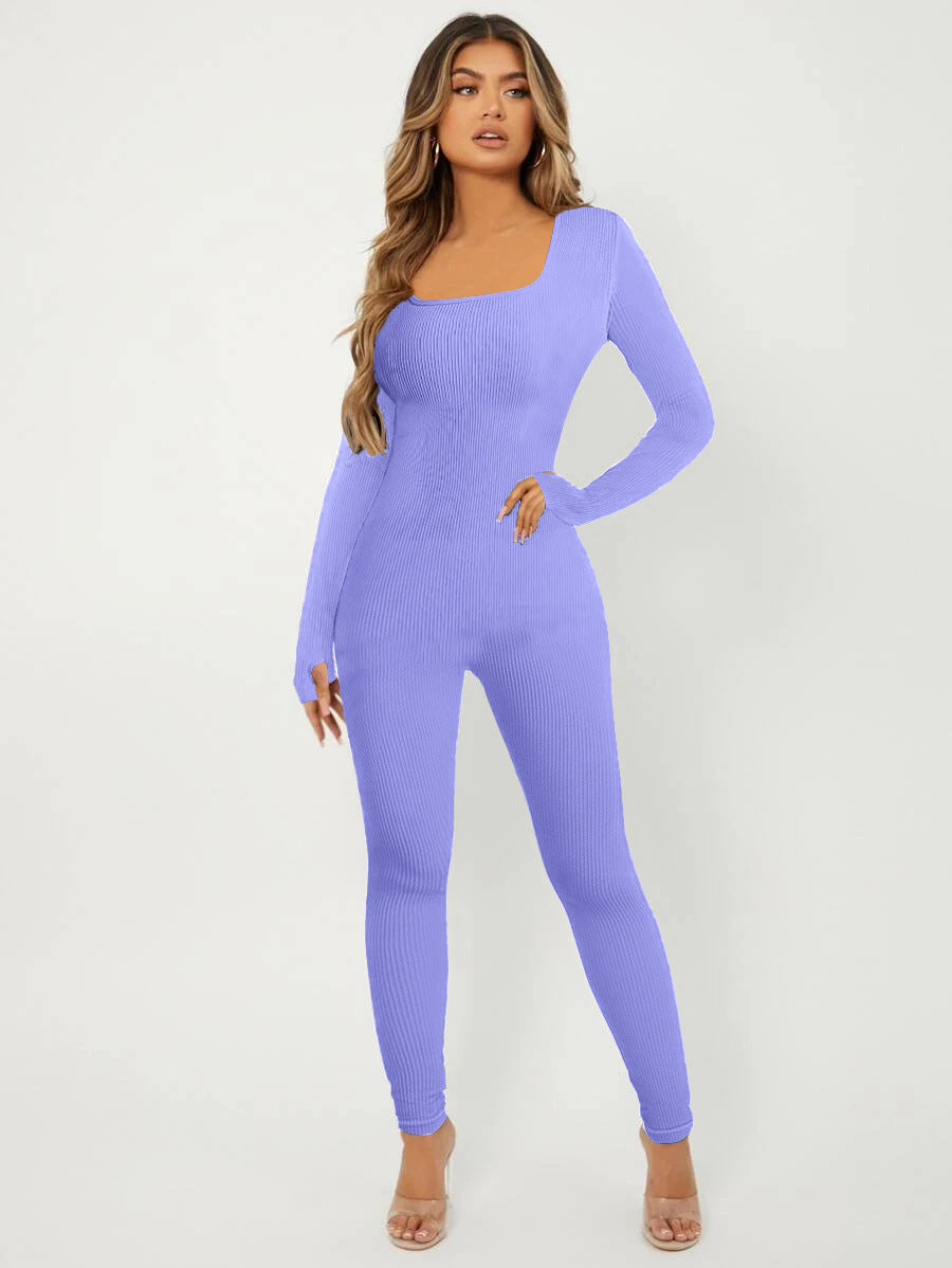 Women's Ribbed Skinny Jumpsuit with Square Neckline, Long Sleeves and Thumbhole Mune Fashion