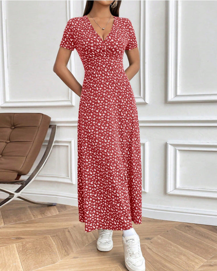 Women nan tailored V-neck wrap maxi dress made of viscose jersey with short sleeves and A-line hem Mune Fashion