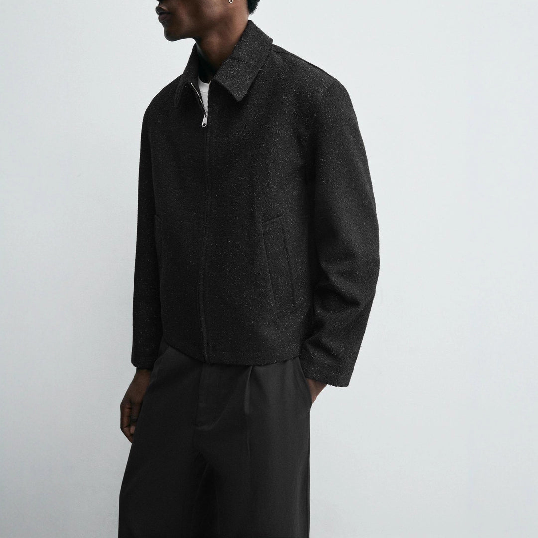 Men's Boxy Wool Jacket with Concealed Zipper and Shirt Collar Mune Fashion