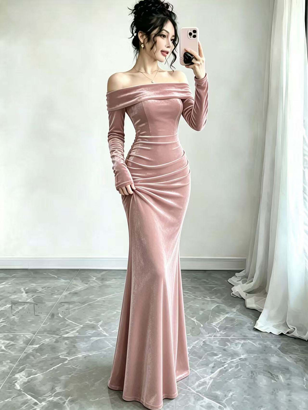 Women Long Velvet Evening Dress with Off-Shoulder Neckline and Deep Back Cutout Mune Fashion