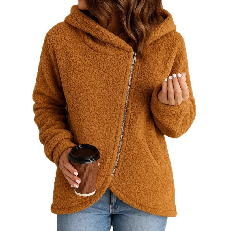 Women's teddy fleece jacket with asymmetrical zipper, hood and curved hem Mune Fashion
