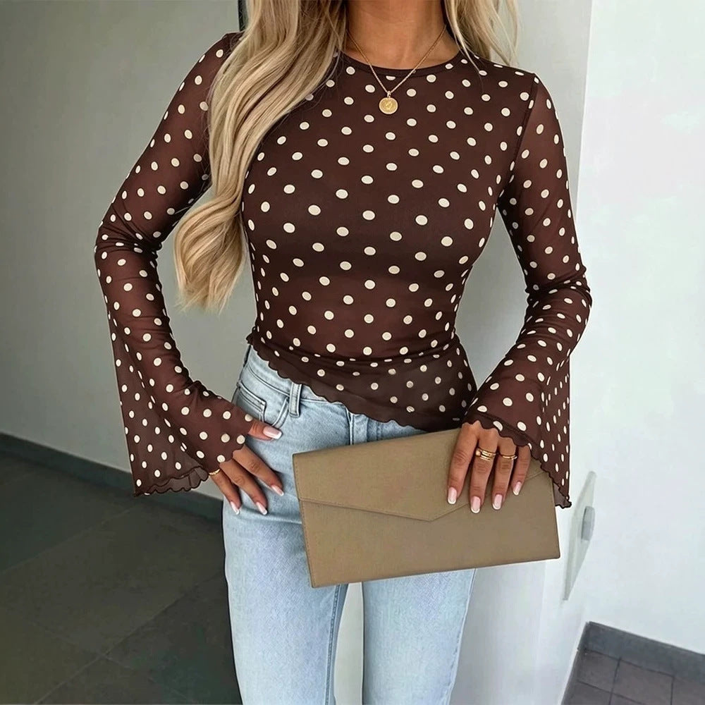 Women's Transparent Mesh Polka Dot Blouse with Tailored Fit and Bell Sleeves Drune