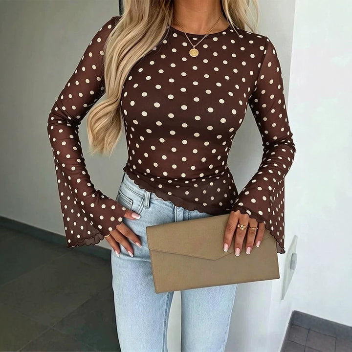 Women's Transparent Mesh Polka Dot Blouse with Tailored Fit and Bell Sleeves Drune
