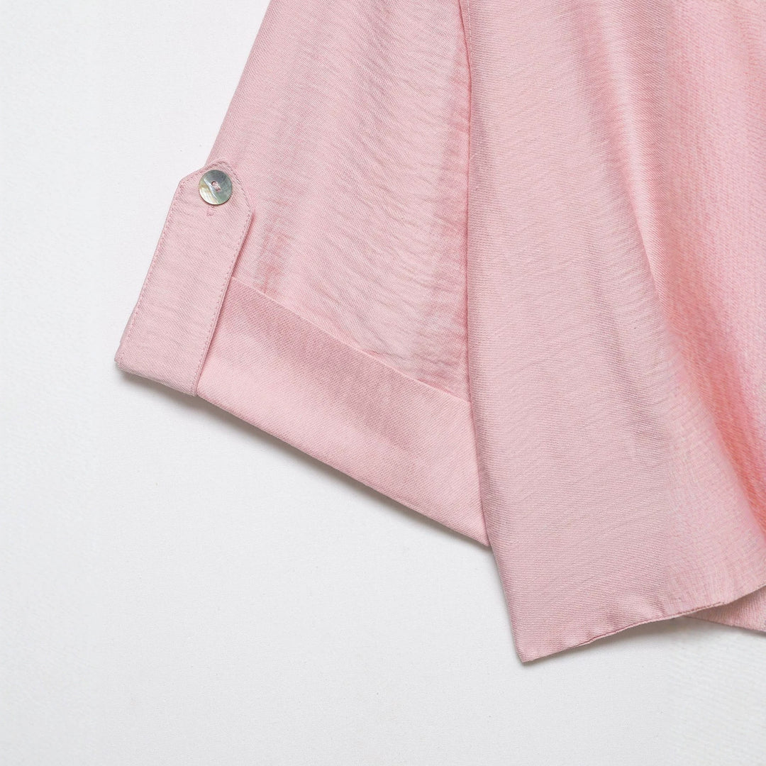 Women's Oversize Lightweight Shirt Blouse with Buttoned Sleeves and V-Neck Mune Fashion