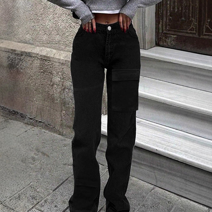 Women's cargo denim pants with large thigh pocket and wide straight-leg Mune Fashion