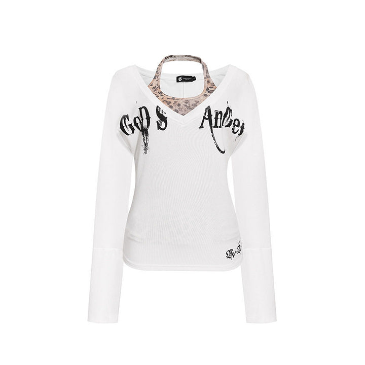 Women's Layered Long Sleeve Shirt with Integrated Halter Neck and Vintage Graphic Mune Fashion