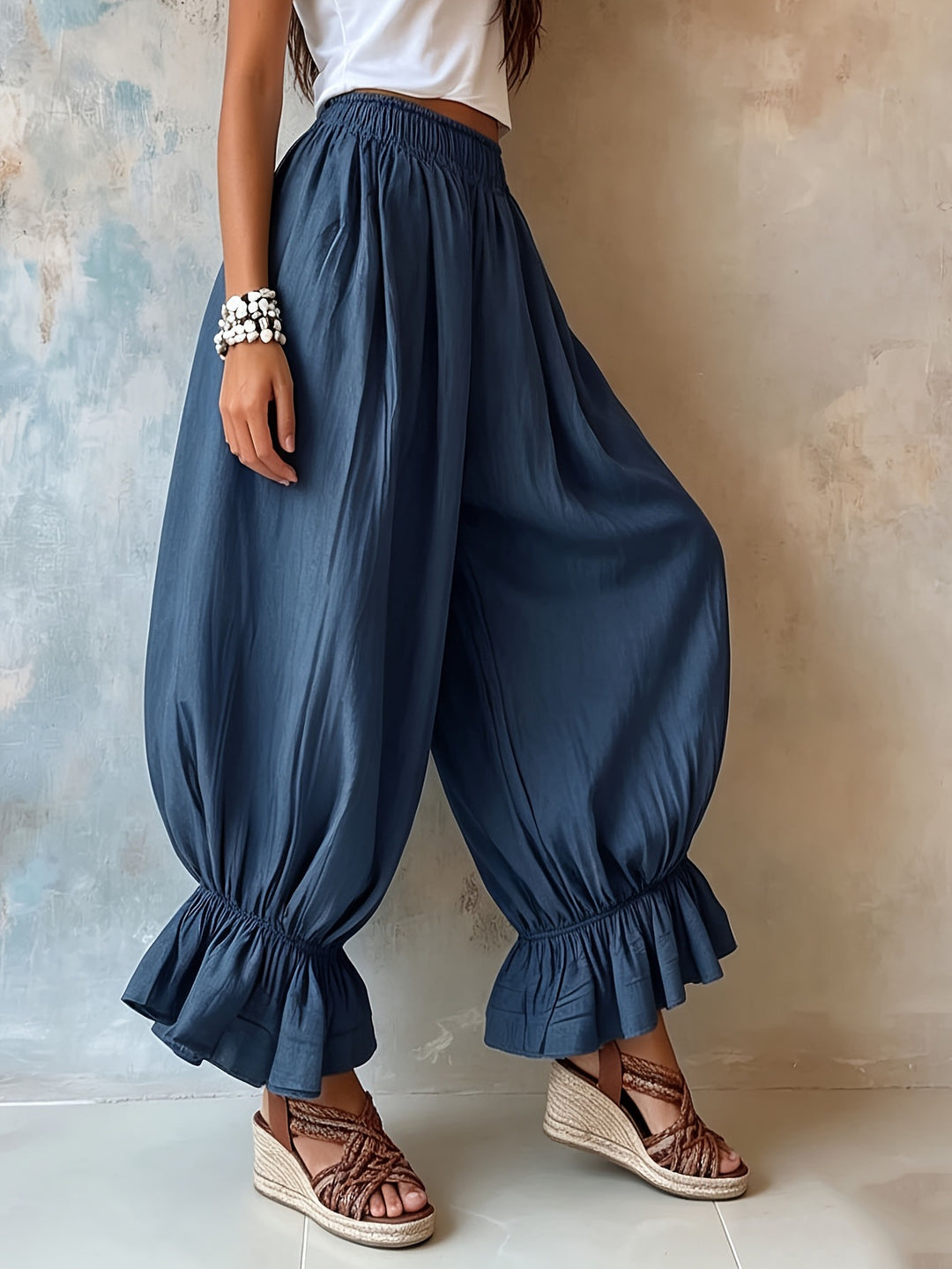 Women loose harem pants with elastic waistband, gathered legs and flounce hem Mune Fashion