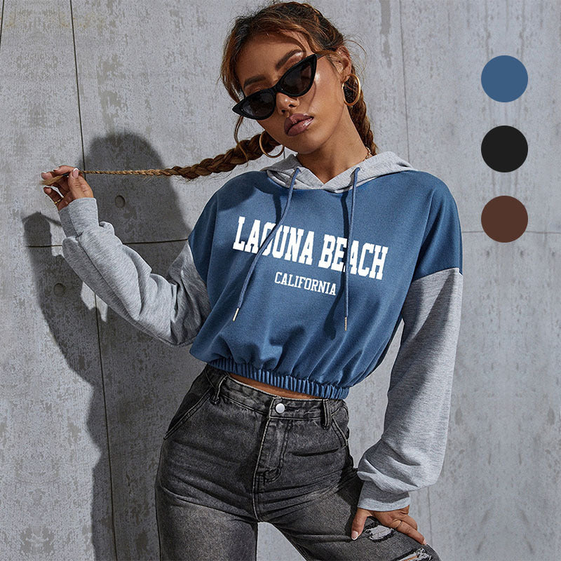 Women's Cropped Hoodie with Contrast Sleeves, Elastic Hem and Melting Smiley Print