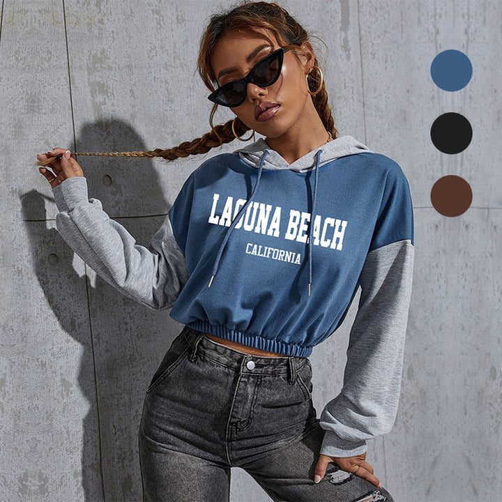 Women's Cropped Hoodie with Contrast Sleeves, Elastic Hem and Melting Smiley Print