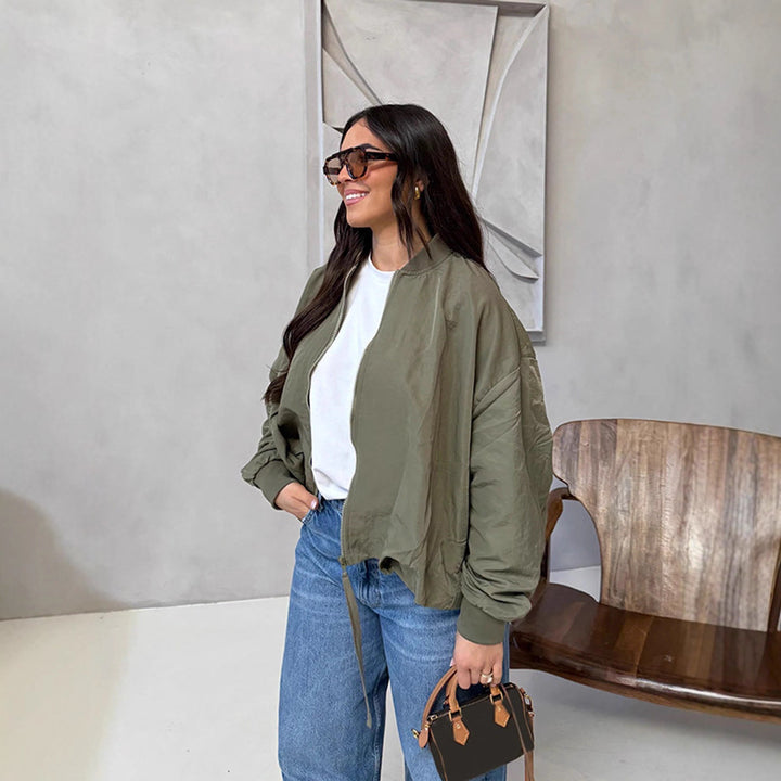 Women Oversize Bomber Jacket with drawstring, ribbed cuffs and lightweight nylon finish Mune Fashion
