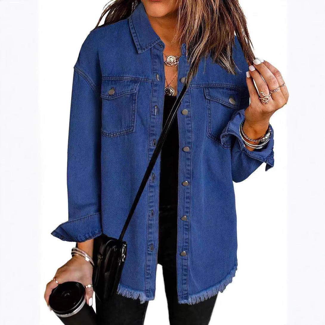 Women's Oversized Denim Shirt Jacket with Fringe Hem Mune Fashion