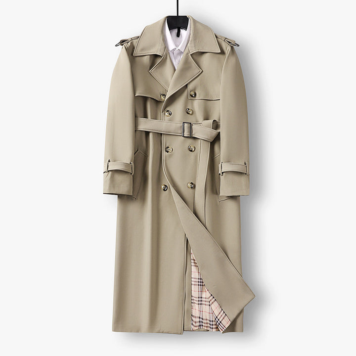 Women Elegant long cut wool blend trench coat with double-breasted button placket and belt Mune Fashion