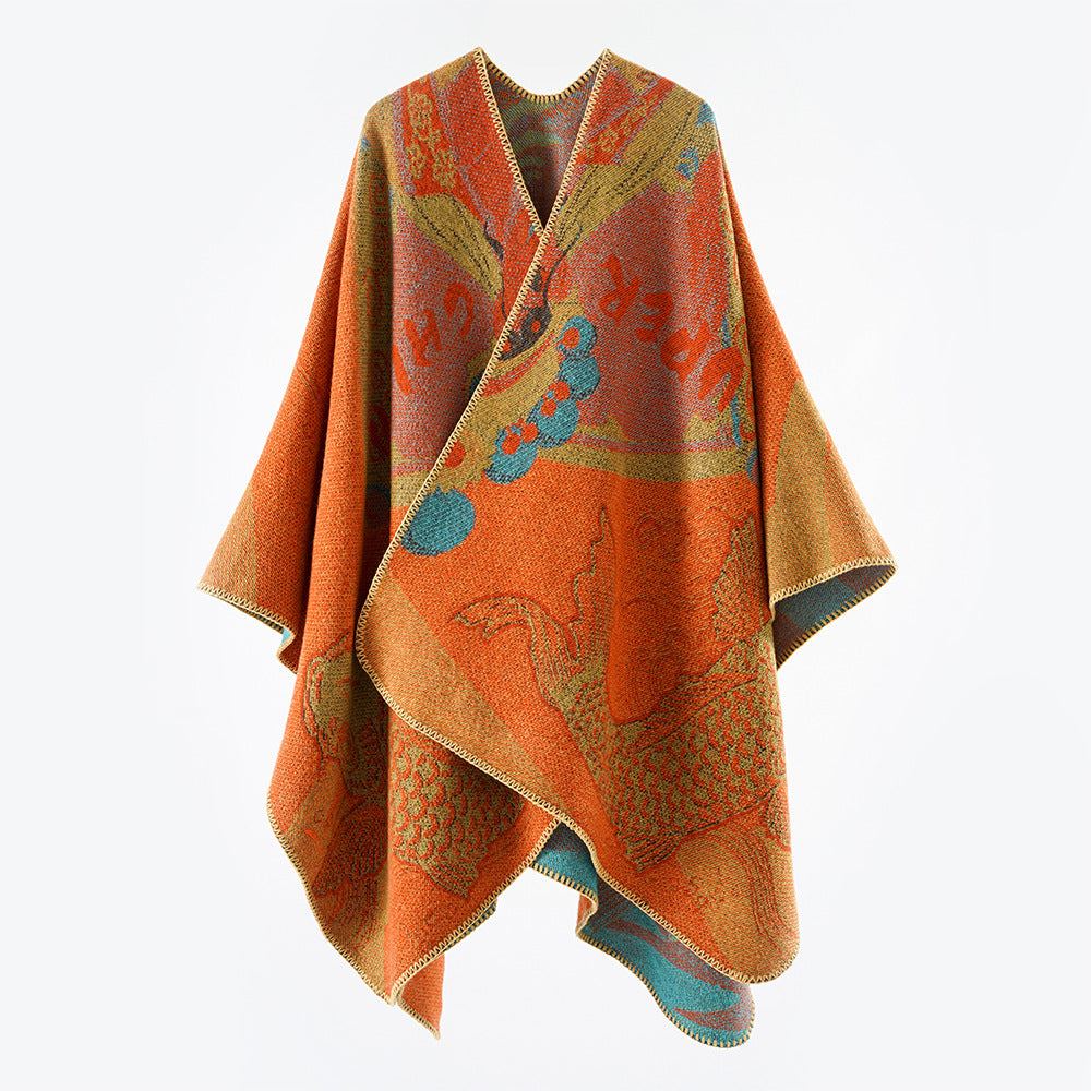 Women Jacquard Poncho with Fish Motif and Open Oversize Cut Mune Fashion
